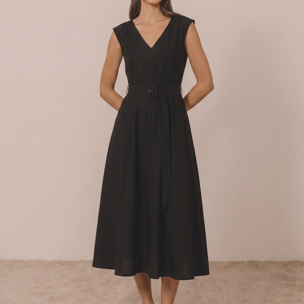 Calista V Neck Witchy Fall Belted Small Cotton Elegant Black Sleeveless Dress